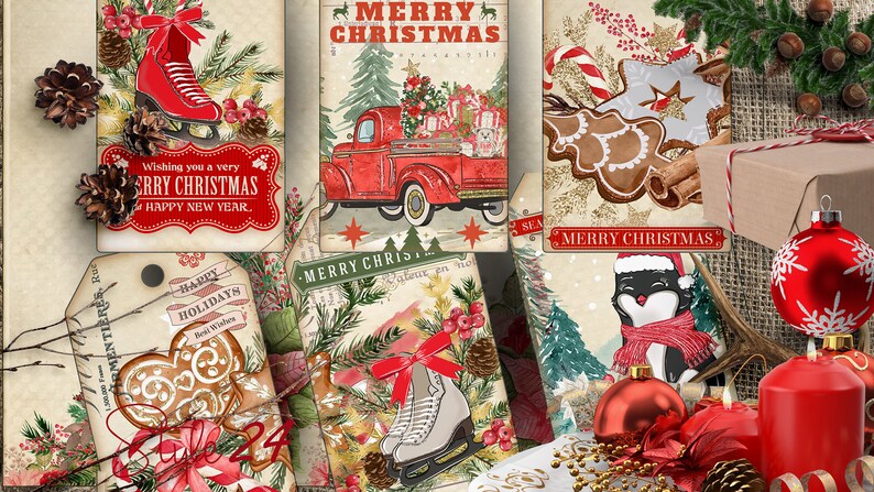 May include: A collection of vintage-style Christmas gift tags featuring illustrations of a red truck, gingerbread cookies, ice skates, and a cat wearing a Santa hat. The tags are decorated with red, green, and gold accents and have a rustic, vintage feel.