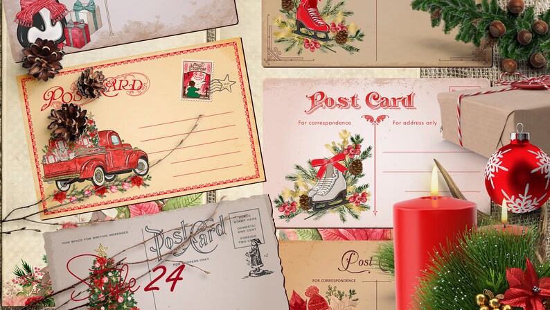 May include: A collection of vintage Christmas postcards with red and white designs. The postcards feature images of a red truck carrying presents, ice skates, and a Christmas tree. The postcards are surrounded by pine branches, a red candle, and a red Christmas bauble.