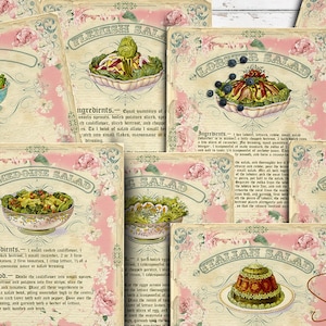 Printable Ephemera Salads Set, Vintage Cookbook, Journal Cards, Antique Recipe Cards, Country Kitchen Decor, Digital Collage Sheet, DIY gift
