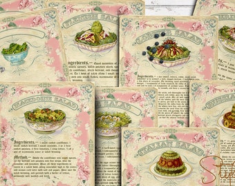 Vintage saladereceptkaarten, afdrukbare ephemeraset (digitale download)