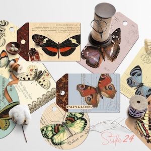 Franse vlinders Papillon Tags - Digitale Download - Afdrukbaar digitaal collageblad, Vintage etiketten, Last Minute Retro Gift Hang Tags, DIY