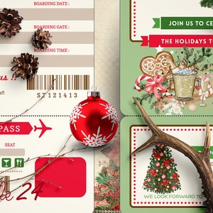 May include: A Christmas party invitation with a boarding pass design. The invitation features a red and white aeroplane, a red bauble, and the text "Come Fly With Us!" and "Boarding Pass".