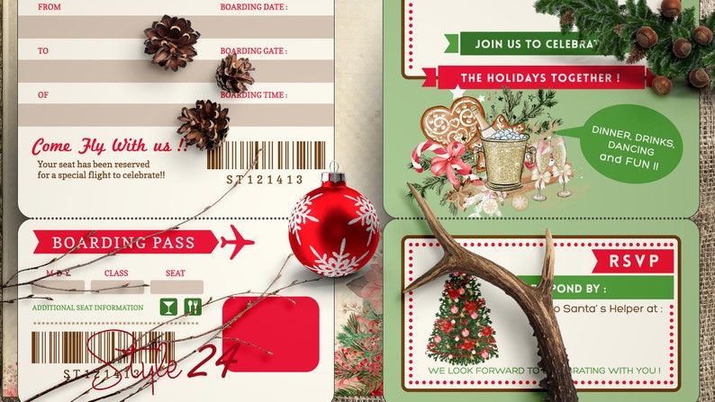May include: A Christmas party invitation with a boarding pass design. The invitation features a red and white aeroplane, a red bauble, and the text "Come Fly With Us!" and "Boarding Pass".