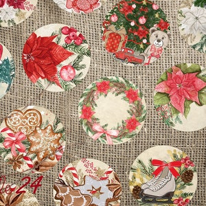 May include: Twelve round Christmas-themed paper gift tags with various designs, including a cat wearing a Santa hat, a gingerbread cookie, a poinsettia, a Christmas tree, and a wreath. The tags are on a hessian background.