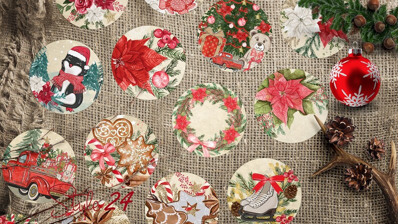 May include: Twelve round Christmas-themed paper gift tags with various designs, including a cat wearing a Santa hat, a gingerbread cookie, a poinsettia, a Christmas tree, and a wreath. The tags are on a hessian background.