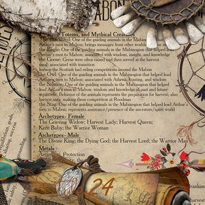 May include: A vintage-style illustration with a brown background and a scroll with the number 24 on it. The illustration features text about totems and mythical creatures, archetypes, and metals. The text includes the words "Mabon", "Harvest Lady", "Harvest Queen", "Harvest Lord", "Warrior Man", "Protection", and "frankincense, myrrh, pine".