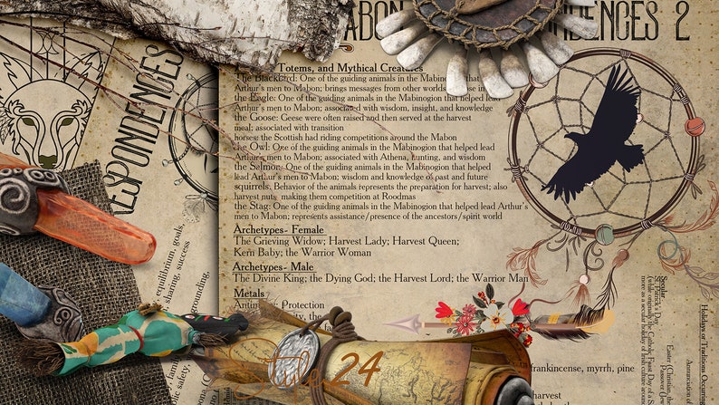 May include: A vintage-style illustration with a brown background and a scroll with the number 24 on it. The illustration features text about totems and mythical creatures, archetypes, and metals. The text includes the words "Mabon", "Harvest Lady", "Harvest Queen", "Harvest Lord", "Warrior Man", "Protection", and "frankincense, myrrh, pine".