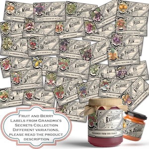 Étiquettes vintage pour fruits et baies - Série Les secrets de grand-mère (lot de 30), étiquettes de pots de conserve, étiquettes de mise en conserve, étiquettes de pots Mason