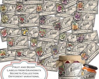 Vintage Obst & Beeren Glasetiketten - Omas Geheimnisse (30er Set) (Digitaler Download)