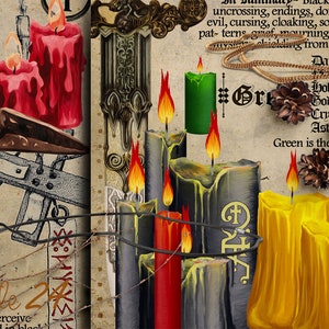 May include: A vintage book page with text about green candles and their uses in magic. The page features illustrations of candles, a wooden cross, and a bottle of potion. The text includes the words "Green is the color of success and abundance."