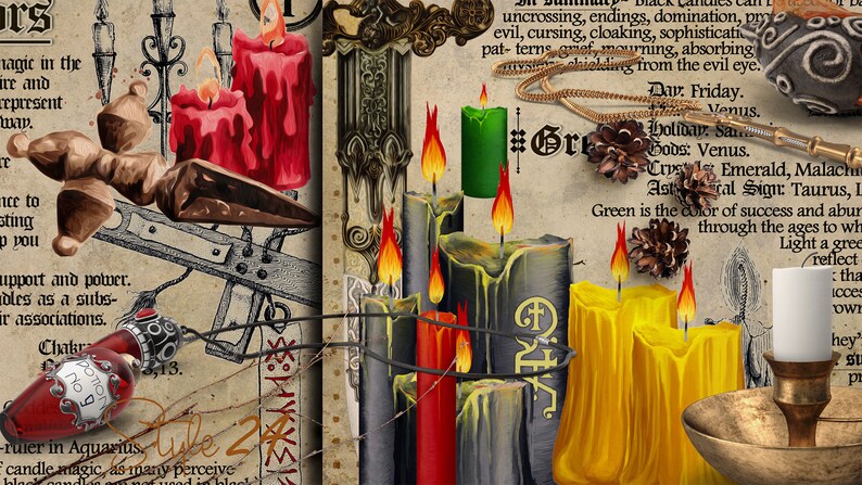 May include: A vintage book page with text about green candles and their uses in magic. The page features illustrations of candles, a wooden cross, and a bottle of potion. The text includes the words "Green is the color of success and abundance."