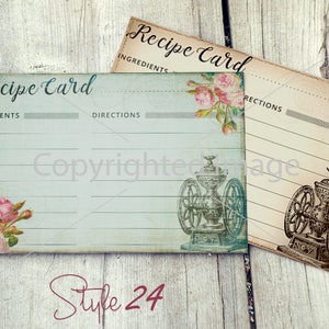 May include: Two vintage recipe cards with a blue and white floral design and a brown and white floral design. The cards have the text "Recipe Card" at the top and sections for ingredients and directions. The cards also feature a vintage coffee grinder illustration.