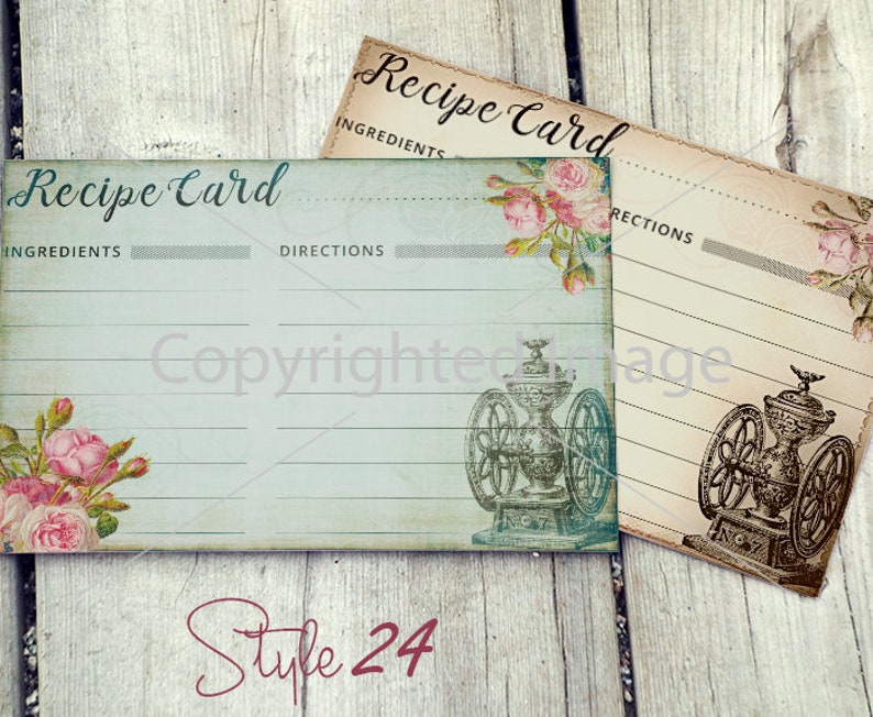 May include: Two vintage recipe cards with a blue and white floral design and a brown and white floral design. The cards have the text "Recipe Card" at the top and sections for ingredients and directions. The cards also feature a vintage coffee grinder illustration.