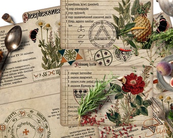 May include: A collection of vintage recipe cards with handwritten instructions for making a relaxing bath and a sleep-inducing drink. The cards feature botanical illustrations and symbolic imagery.