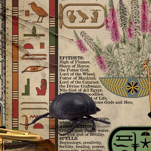 May include: A vintage-style illustration of the Egyptian god Khnum, depicted with a ram's head and a human body. He is holding a staff and standing in front of a background with hieroglyphs, flowers, and a beetle. The text reads "EPITHETS: High of Plumes, Sharp of Horns; the Potter God; Lord of the Wheel; Potter of Mankind; Lord of the Cataract; the Divine Craftsman; Nile God of All Egypt;"