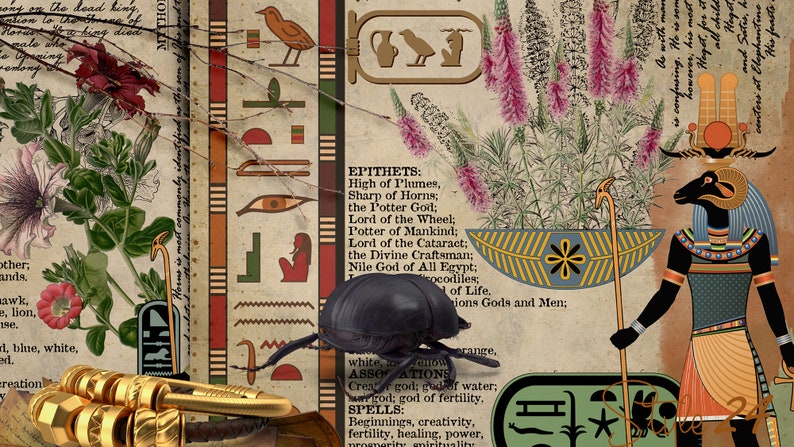 May include: A vintage-style illustration of the Egyptian god Khnum, depicted with a ram's head and a human body. He is holding a staff and standing in front of a background with hieroglyphs, flowers, and a beetle. The text reads "EPITHETS: High of Plumes, Sharp of Horns; the Potter God; Lord of the Wheel; Potter of Mankind; Lord of the Cataract; the Divine Craftsman; Nile God of All Egypt;"