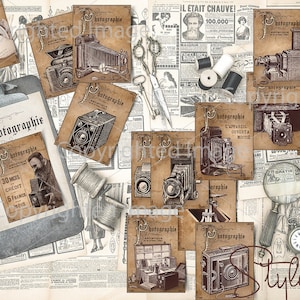 15 grandes cartes de journalisation éphémères imprimables vintage de la collection d'appareils photo photographiques, album de 3 x 4 feuilles de collage numérique en téléchargement immédiat