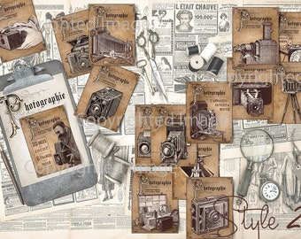 15 large printable Vintage Photography Camera Collection Ephemera journaling cards scrapbook 3"x4 instant download digital collage sheet ATC