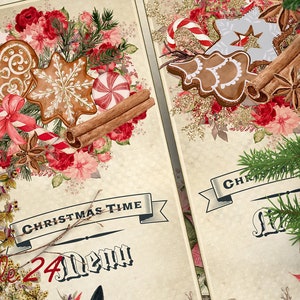May include: Two vintage Christmas menu cards with a festive design. The cards feature gingerbread cookies, candy canes, cinnamon sticks, and red flowers. The text on the cards reads "Christmas Time" and "24 Menu".