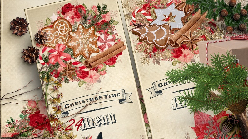 May include: Two vintage Christmas menu cards with a festive design. The cards feature gingerbread cookies, candy canes, cinnamon sticks, and red flowers. The text on the cards reads "Christmas Time" and "24 Menu".