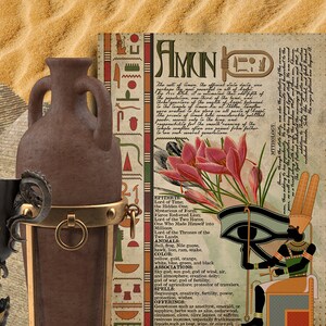 May include: A vintage-style illustration of the Egyptian god Amun, with a red and white crown, a blue eye, and a golden staff. The illustration is surrounded by hieroglyphs and a description of Amun's attributes, including "Lord of Time", "The Hidden One", and "King of the Two Lands".