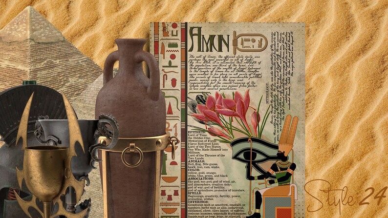 May include: A vintage-style illustration of the Egyptian god Amun, with a red and white crown, a blue eye, and a golden staff. The illustration is surrounded by hieroglyphs and a description of Amun's attributes, including "Lord of Time", "The Hidden One", and "King of the Two Lands".