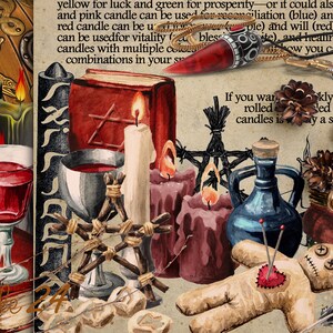 May include: A vintage illustration of a witch's spell book with candles, a potion bottle, a wine glass, a voodoo doll, and a bundle of sage. The text on the page reads "Color Correspondences".