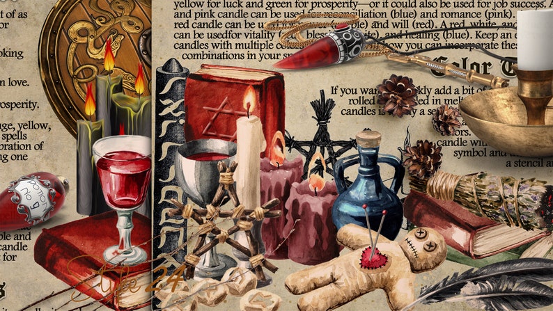 May include: A vintage illustration of a witch's spell book with candles, a potion bottle, a wine glass, a voodoo doll, and a bundle of sage. The text on the page reads "Color Correspondences".
