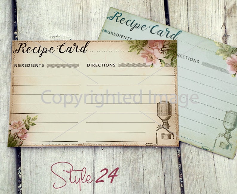 May include: Two vintage-style recipe cards with a floral design and lined sections for ingredients and directions. The text "Recipe Card" is printed at the top of each card.