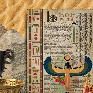 May include: A vintage style illustration of the Egyptian goddess Isis with a detailed description of her attributes, symbols, and powers. The image is set against a background of sand and pyramids.