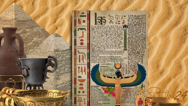 May include: A vintage style illustration of the Egyptian goddess Isis with a detailed description of her attributes, symbols, and powers. The image is set against a background of sand and pyramids.