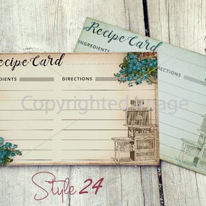 May include: Two vintage recipe cards with a floral design and a drawing of an antique stove. The cards have lines for writing ingredients and directions. The text on the cards reads "Recipe Card" and "Ingredients" and "Directions".