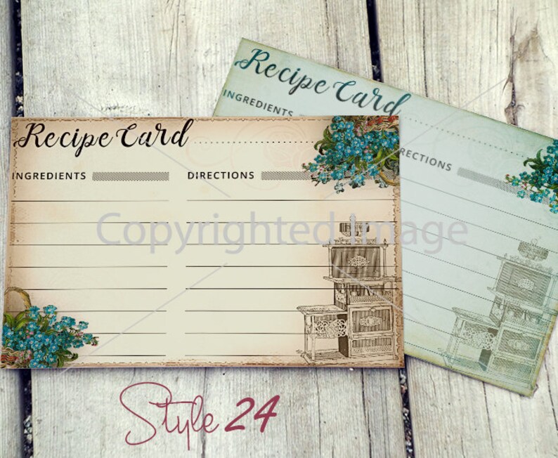 May include: Two vintage recipe cards with a floral design and a drawing of an antique stove. The cards have lines for writing ingredients and directions. The text on the cards reads "Recipe Card" and "Ingredients" and "Directions".