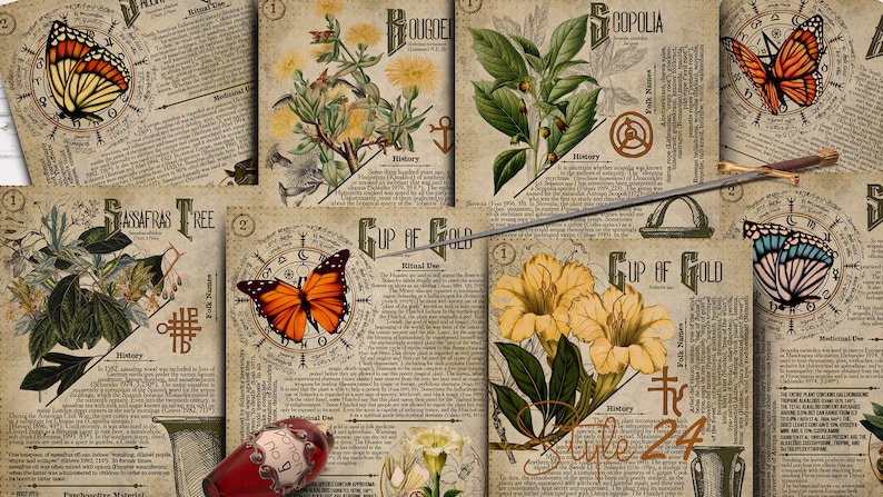 May include: A collection of six vintage botanical illustrations featuring various plants and butterflies. Each illustration includes a title, a description of the plant, and a folk name. The illustrations are printed on a parchment-like background with a distressed look.