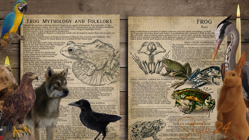 May include: A collage featuring illustrations and images of frogs, animals, and text about frog mythology and folklore. Includes a parrot, eagle, wolf, raven, heron, and rabbit. The text discusses frog symbolism in various cultures.