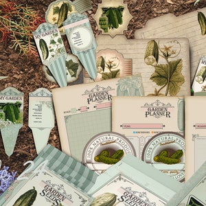 Druckbares antikes Gartenbündel, Gurkenserie, Gartenplaner, Vintage Samenpackung, Pflanzenmarker, Rezeptkarte, Jar Label, botanische Ephemera