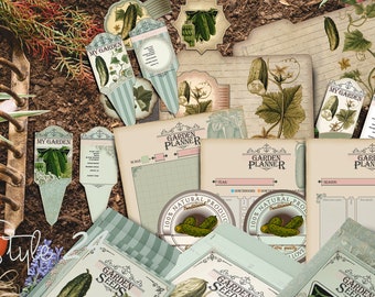 Printable Antique Garden Bundle, Cucumber series, Garden Planner, Vintage Seed Pack, Plant marker, Recipe Card, Jar Label,Botanical Ephemera