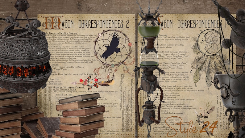 May include: A vintage style illustration of a raven in a dreamcatcher with text about "Abon Correspondences" and keywords related to the harvest, including "balance", "grounding", "protection", and "prosperity".