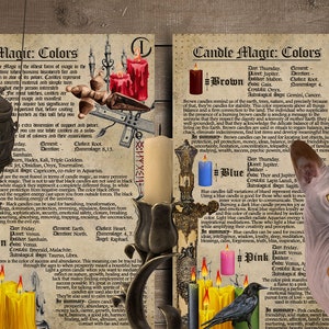 May include: A vintage style illustration of candle magic colors with descriptions of their uses and meanings. The colors include brown, blue, green, and pink. The image also features a black raven, a voodoo doll, and a sphinx cat.