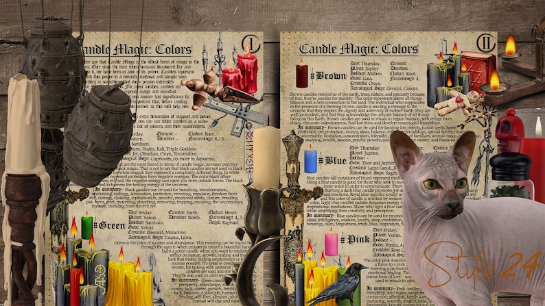 May include: A vintage style illustration of candle magic colors with descriptions of their uses and meanings. The colors include brown, blue, green, and pink. The image also features a black raven, a voodoo doll, and a sphinx cat.