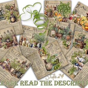 Puede incluir: Una colección de ilustraciones de estilo vintage de hierbas y especias, cada una con un nombre y una descripción. Las ilustraciones son de estilo rústico con un fondo marrón y follaje verde.