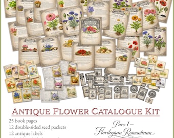 Antikes druckbares Kit - Vintage Blumenkatalog, Samenpakete, Pflanzenkarten