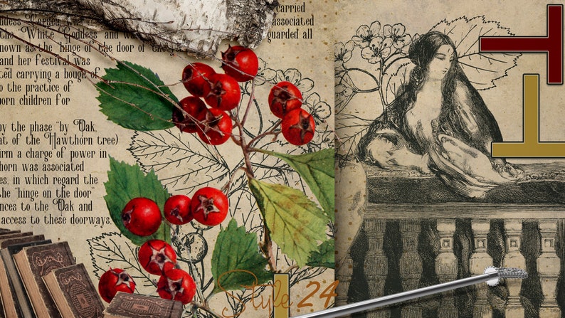 Puede incluir: Una p&aacute;gina de libro vintage con texto sobre el espino blanco y su asociaci&oacute;n con el poder. La p&aacute;gina est&aacute; decorada con una ilustraci&oacute;n de acuarela de una rama de espino blanco con bayas rojas y hojas verdes. La p&aacute;gina tambi&eacute;n est&aacute; decorada con una ilustraci&oacute;n en blanco y negro de una mujer sentada en un banco con una cruz detr&aacute;s de ella.