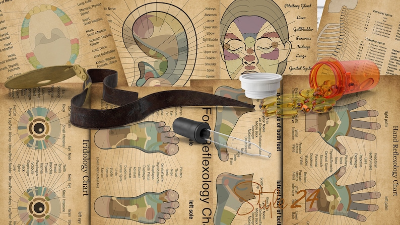 Puede incluir: Un conjunto de cartas de reflexolog&iacute;a de estilo vintage que presentan diagramas de los pies, las manos, la cara y la oreja. Las cartas est&aacute;n impresas en un fondo beige con ilustraciones y texto coloridos. Las cartas est&aacute;n rodeadas de varios objetos, incluyendo un anillo de metal, una cinta negra, un gotero de vidrio y una botella de p&iacute;ldoras.