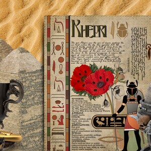 May include: A vintage style poster with an illustration of the Egyptian god Khepri, a scarab beetle, and a red poppy flower. The poster features text about Khepri, including his epithets, symbols, offerings, and spells. The text is in a brown font with a gold border.