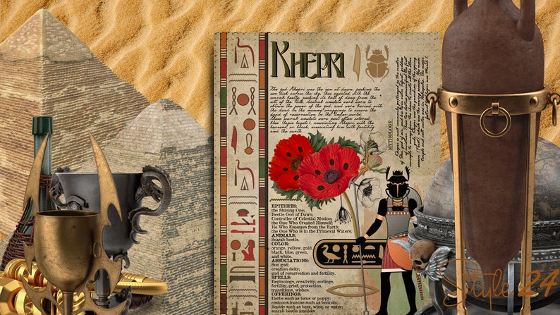 May include: A vintage style poster with an illustration of the Egyptian god Khepri, a scarab beetle, and a red poppy flower. The poster features text about Khepri, including his epithets, symbols, offerings, and spells. The text is in a brown font with a gold border.