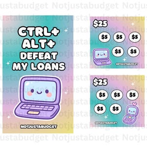 May include: A set of colorful stickers with a pastel background. The stickers feature a laptop, a cell phone, and text that reads "CTRL+ALT+DEFEAT MY LOANS". Each sticker has a cute, cartoonish design.