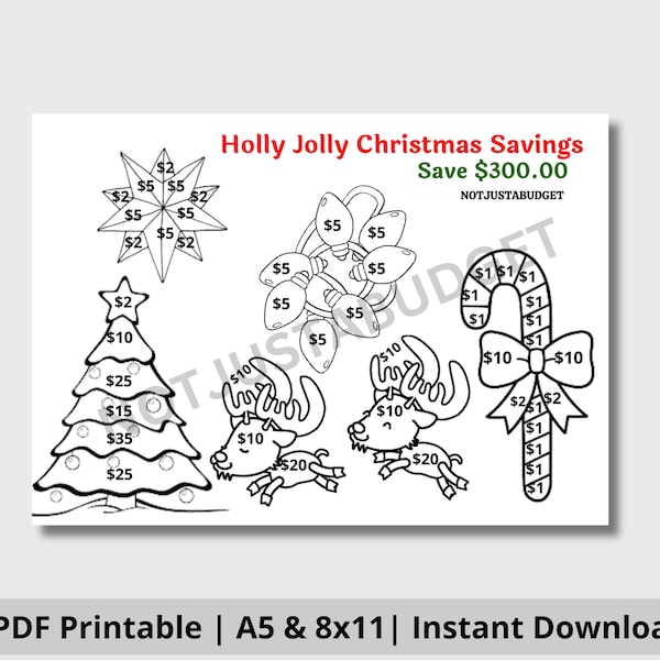 Holly Jolly Savings Challenge | A5 & US Size | PDF Instant Download | Savings Challenge Tracker | Digital Download | Christmas | Reindeer