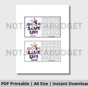 Pode incluir: Dois gráficos de poupança imprimíveis com um cofrinho. O primeiro gráfico é para poupar 50 € e o segundo gráfico é para poupar 100 €. Ambos os gráficos apresentam um cofrinho de desenho animado com moedas e o texto "Save Up!"