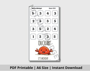 Op de afbeelding: Een A6-formaat printbare "Oh Crab!" spaar-tracker met een cartoon-krabbenillustratie. De tracker heeft een raster van 12 vierkanten met de nummers 1 tot en met 5 in elk vierkant. De tekst "Bespaar € 55" staat bovenaan de tracker.